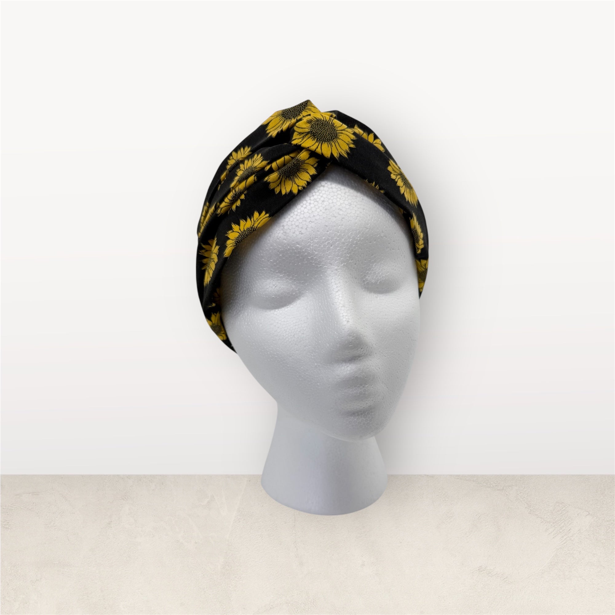Cotton Twist Headband - Black With Sunflowers Pattern