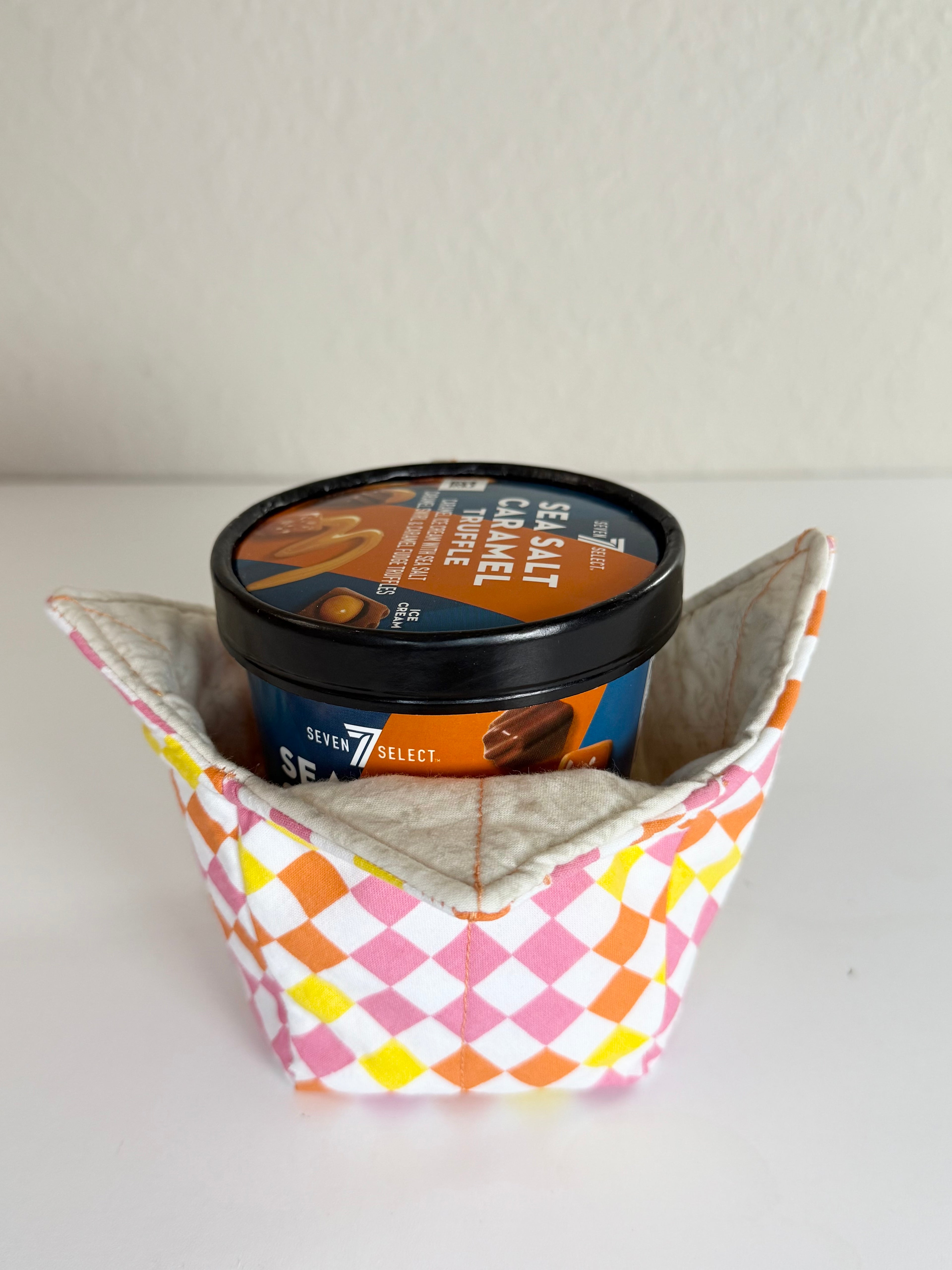 Orange, Pink, and Yellow Checkerboard Pattern - Bowl Cozies