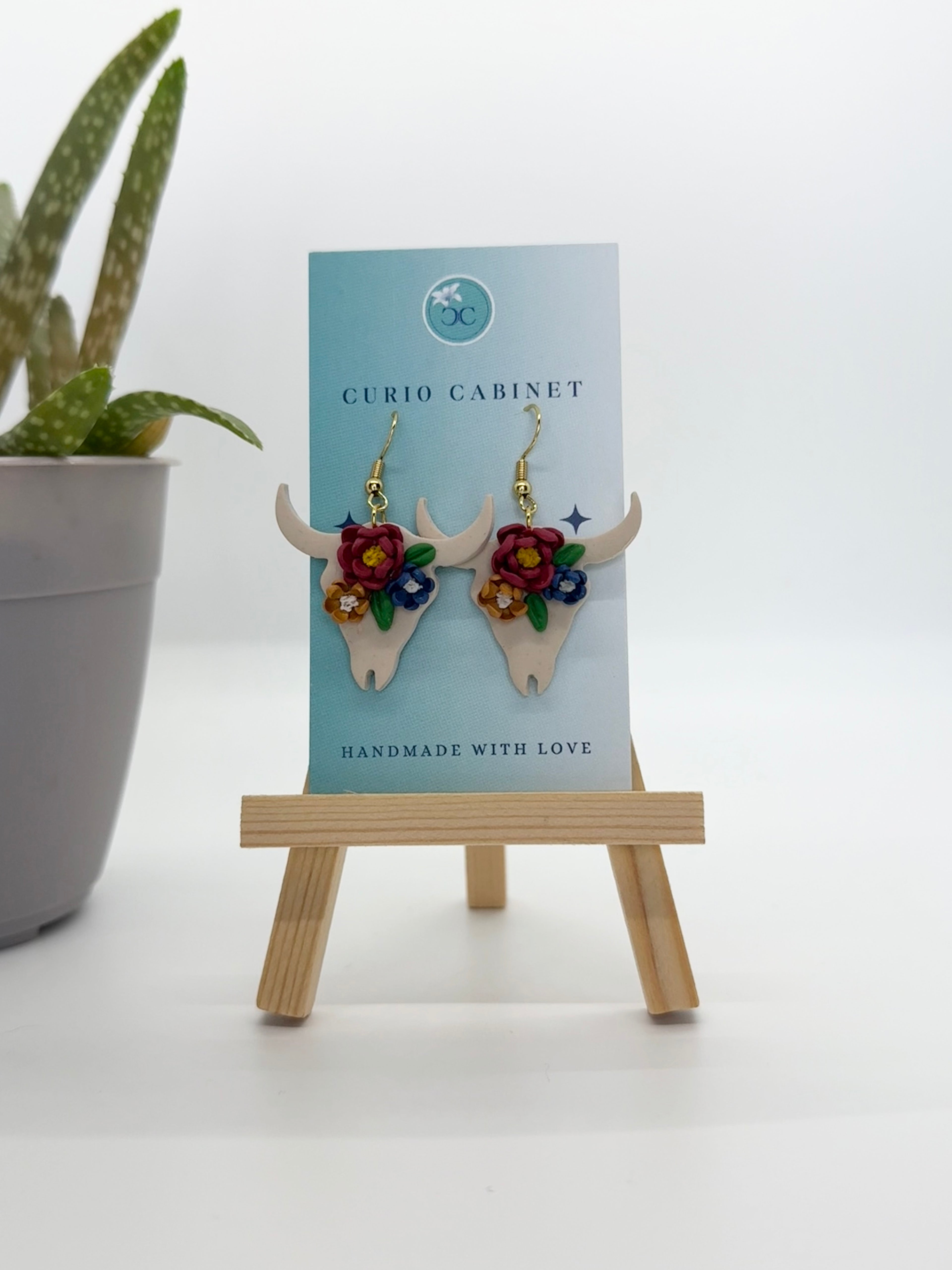 Floral Cattle Skull - Polymer Clay Earrings