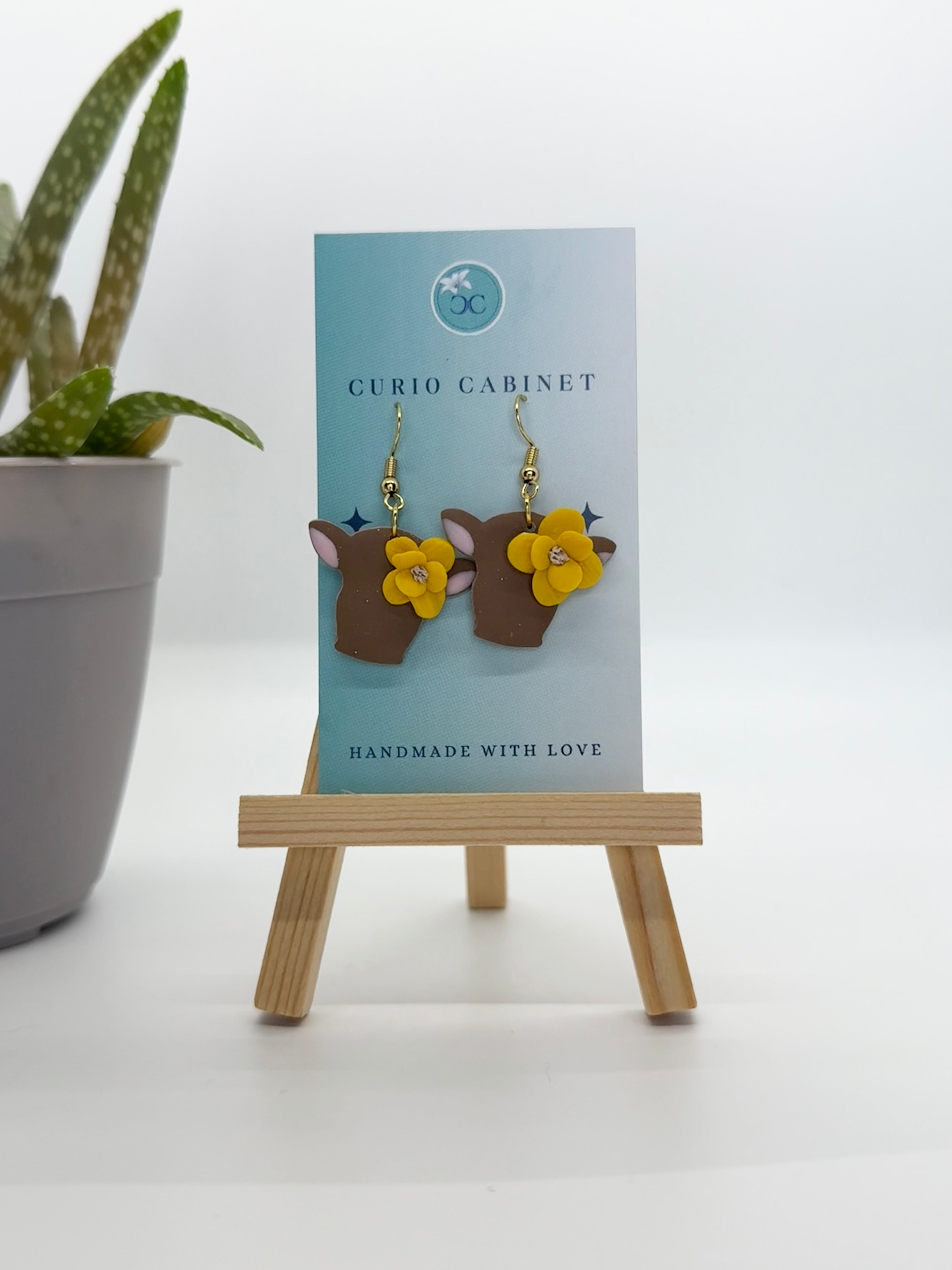 Chocolate Moo with Flower - Polymer Clay Earrings
