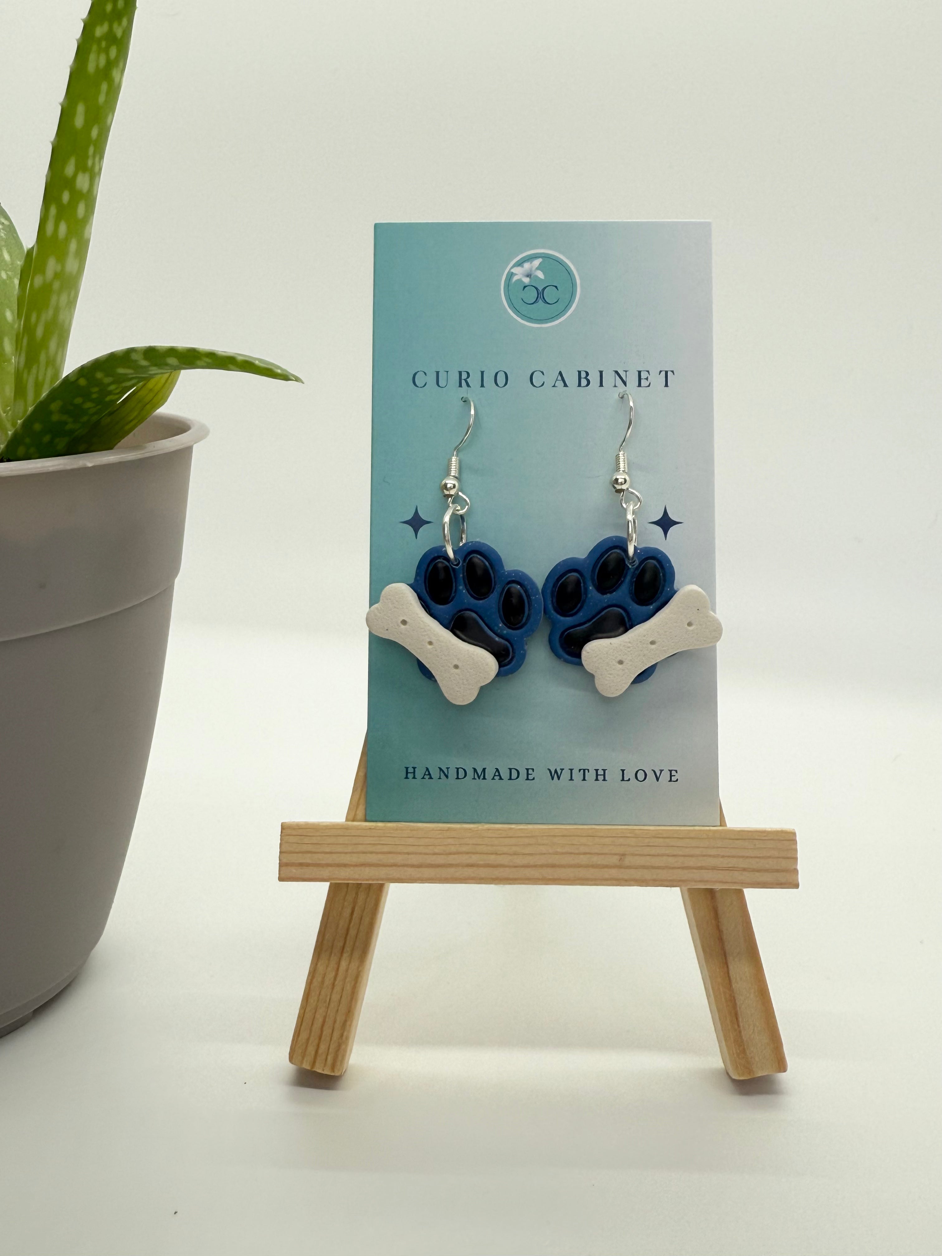 Blue Paw Print & Bones - Polymer Clay Earrings