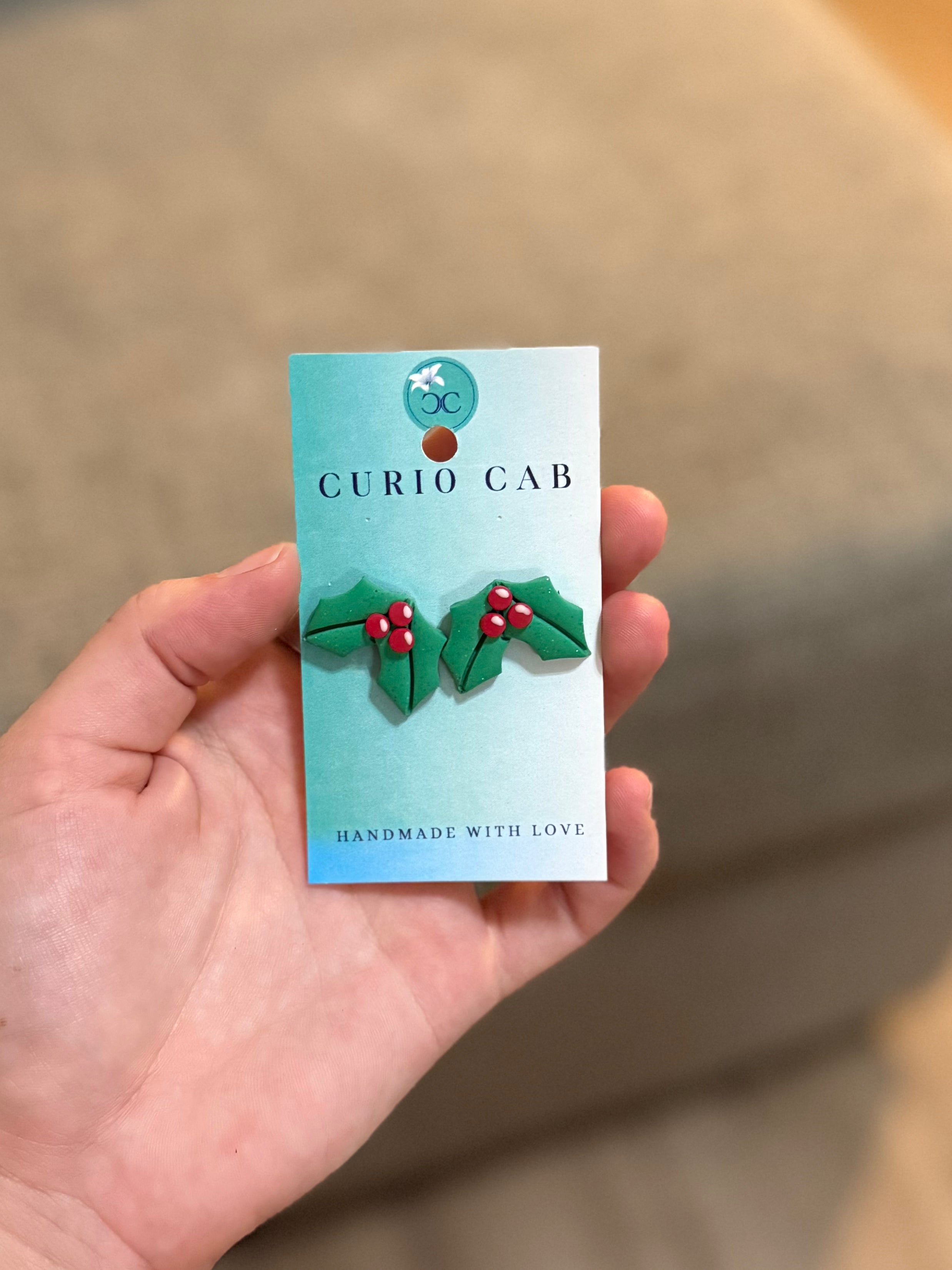 Holly Studs with Berries - Polymer Clay Earrings